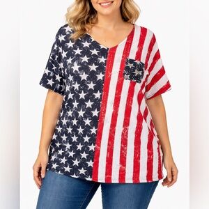 Onque Casual USA Flag Patriotic Top Womens 2X Stars Stripes Rhinestone Tee